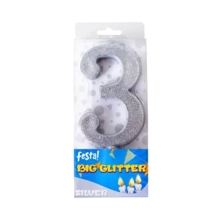 Big glitter, svjećica, silver, broj 3