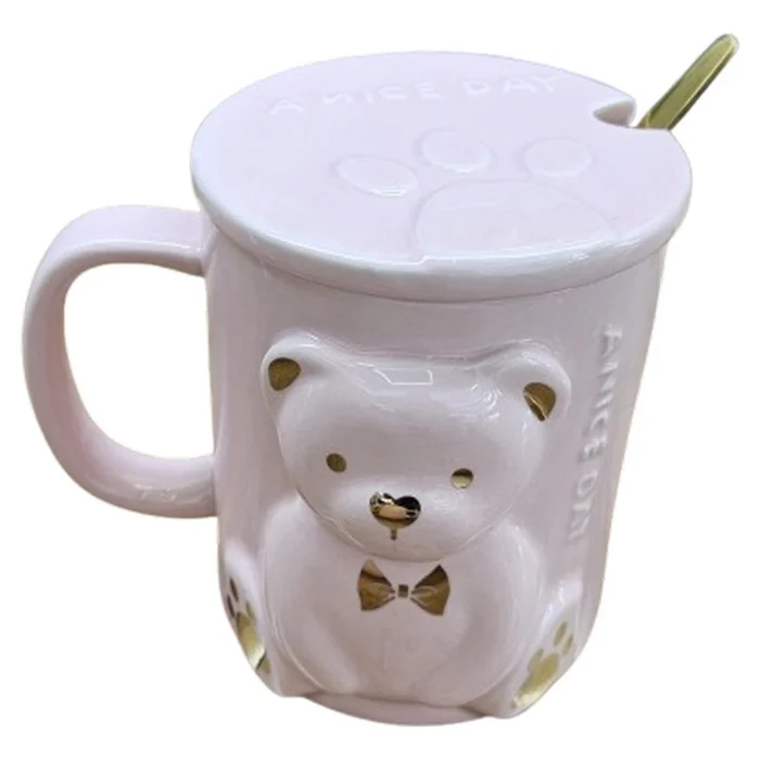 Moka, šolja sa poklopcem, keramička, meda print, roze, 350ml - Image 1