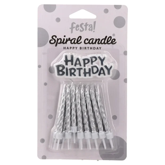 Spiral candle, svjećica, srebrna, 16K sa držačima+ Happy birthday - Image 1