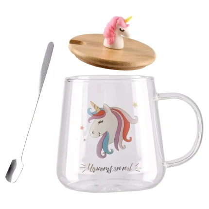 Moka glass, šolja sa poklopcem, staklena, jednorog